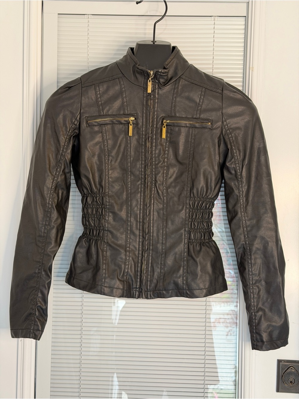 Moto Gear Women’s S Vegan Leather Jacket Black Cinched Waist Zipper Details